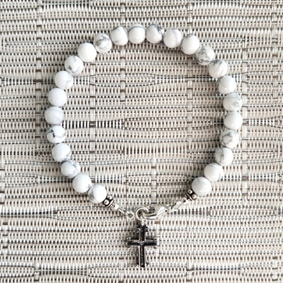 WOMEN'S BRACELET HOWLITE WITH 925 SILVER MINI CROSS - Picture 1 of 2